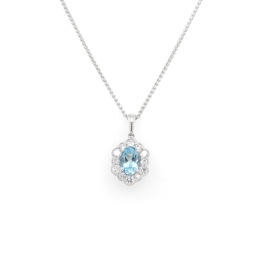 Jewellery 18ct White Gold Aquamarine and Diamond Hexagonal Cluster Pendant