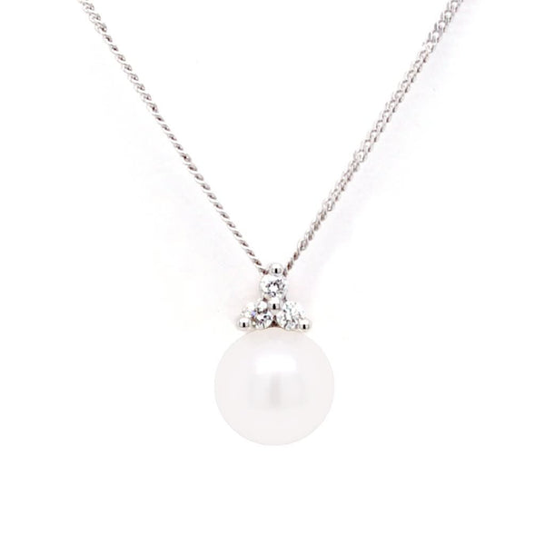 18ct White Gold, Cultured Pearl and Tri-Diamond Pendant on Chain