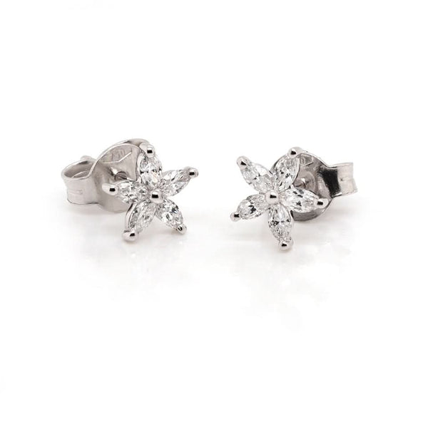 A pair of flower shaped stud earrings set with marquise cut diamonds, in white gold