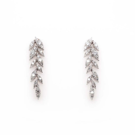 A pair of leaf shaped drop earrings in white gold, set with diamonds