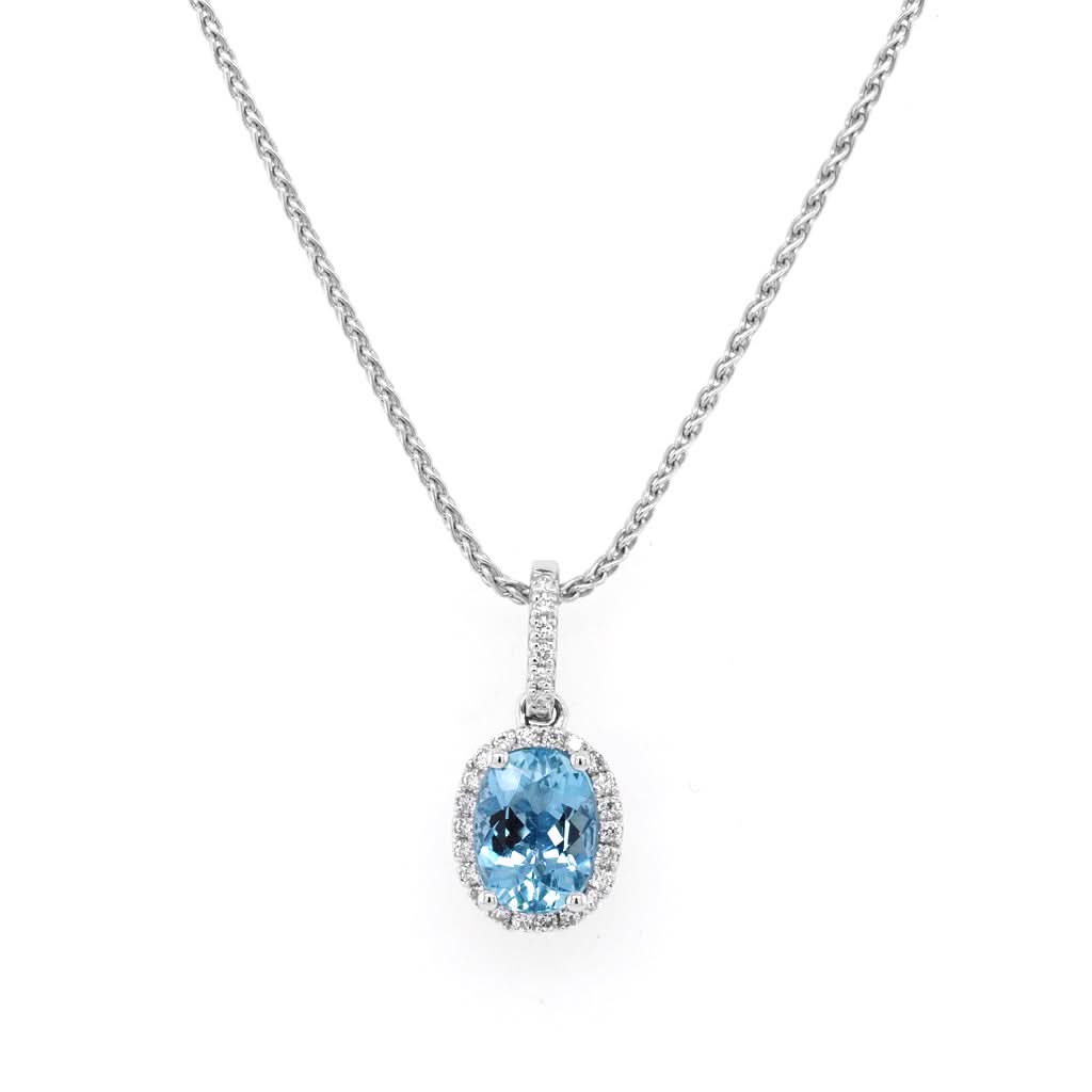 18 Carat White Gold Oval Aquamarine And Diamond Cluster Pendant