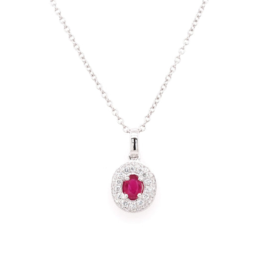 Jewellery 18ct White Gold Oval Ruby and Diamond Cluster Pendant