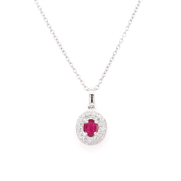 Jewellery 18ct White Gold Oval Ruby and Diamond Cluster Pendant