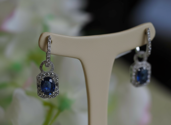 18ct White Gold Sapphire and Diamond Drop Earings