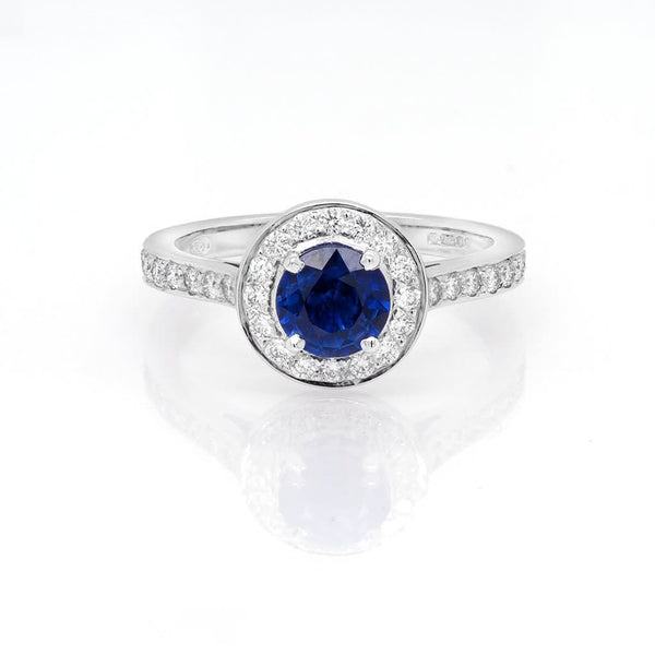 Jewellery 18ct White Gold, Sapphire and Diamond Cluster Ring With Diamond-Set Shoulders