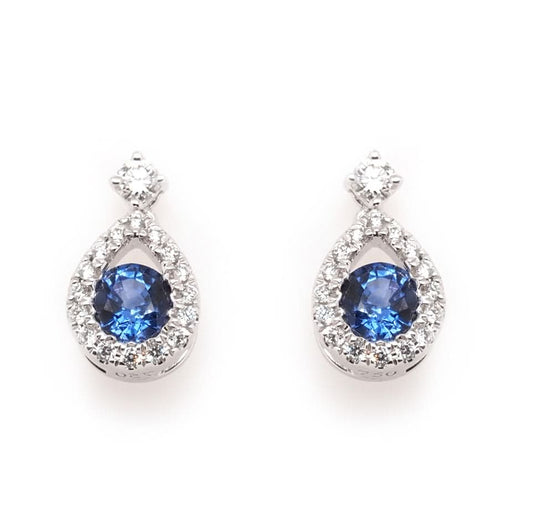 18ct White Gold Sapphire and Diamond Surround Pear-Shaped Drop Earrings