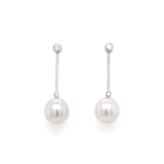 Jewellery 18ct White Gold South Sea Pearl and Diamond Stud Drop Bar Earrings