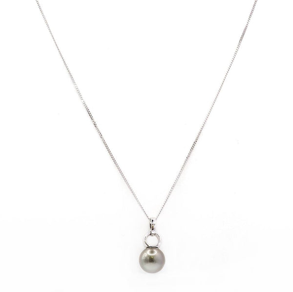 A white gold chain necklace with grey pearl and diamond pendant