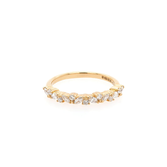 A yellow gold marquise and brilliant cut diamond half eternity band