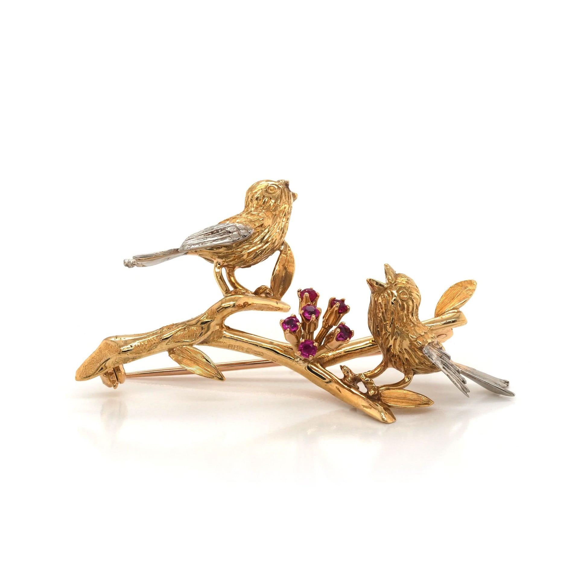 Bird and Blossom Brooch in 18ct Yellow Gold