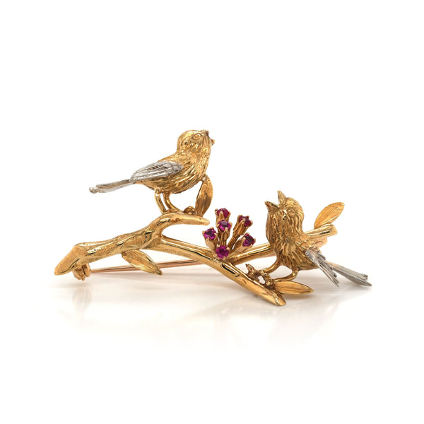 Bird and Blossom Brooch in 18ct Yellow Gold