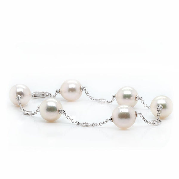 18 Carat Yellow Gold Akoya Pearl and Diamond Chain Bracelet