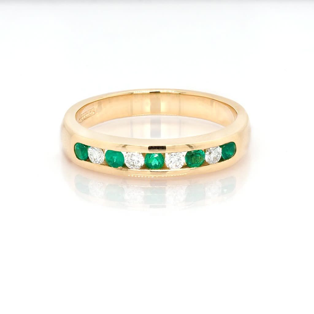 Jewellery 18ct Yellow Gold, Emerald and Diamond Half Eternity Ring, Emeralds 0.21cts