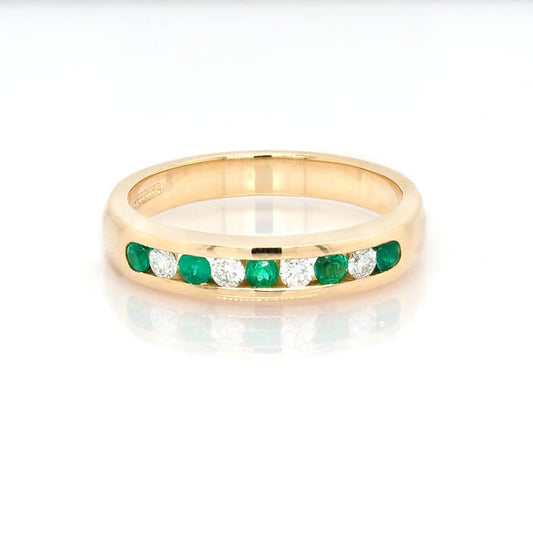 Jewellery 18ct Yellow Gold, Emerald and Diamond Half Eternity Ring, Emeralds 0.21cts