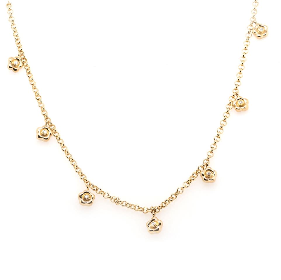 18ct Yellow Gold Fine Necklace with Diamond-Studded Daisies