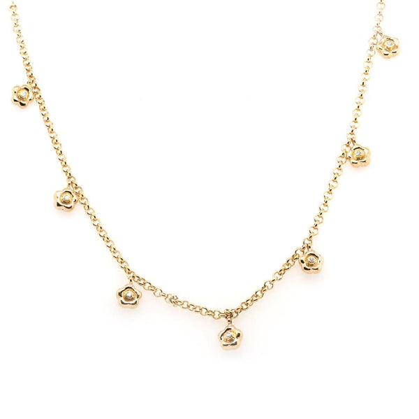 18ct Yellow Gold Fine Necklace with Diamond-Studded Daisies