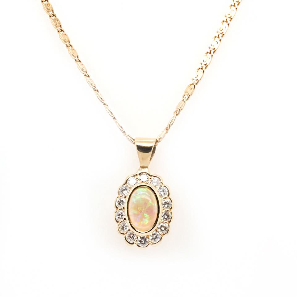 Opal and Diamond Cluster Pendant on 18ct Yellow Gold Chain