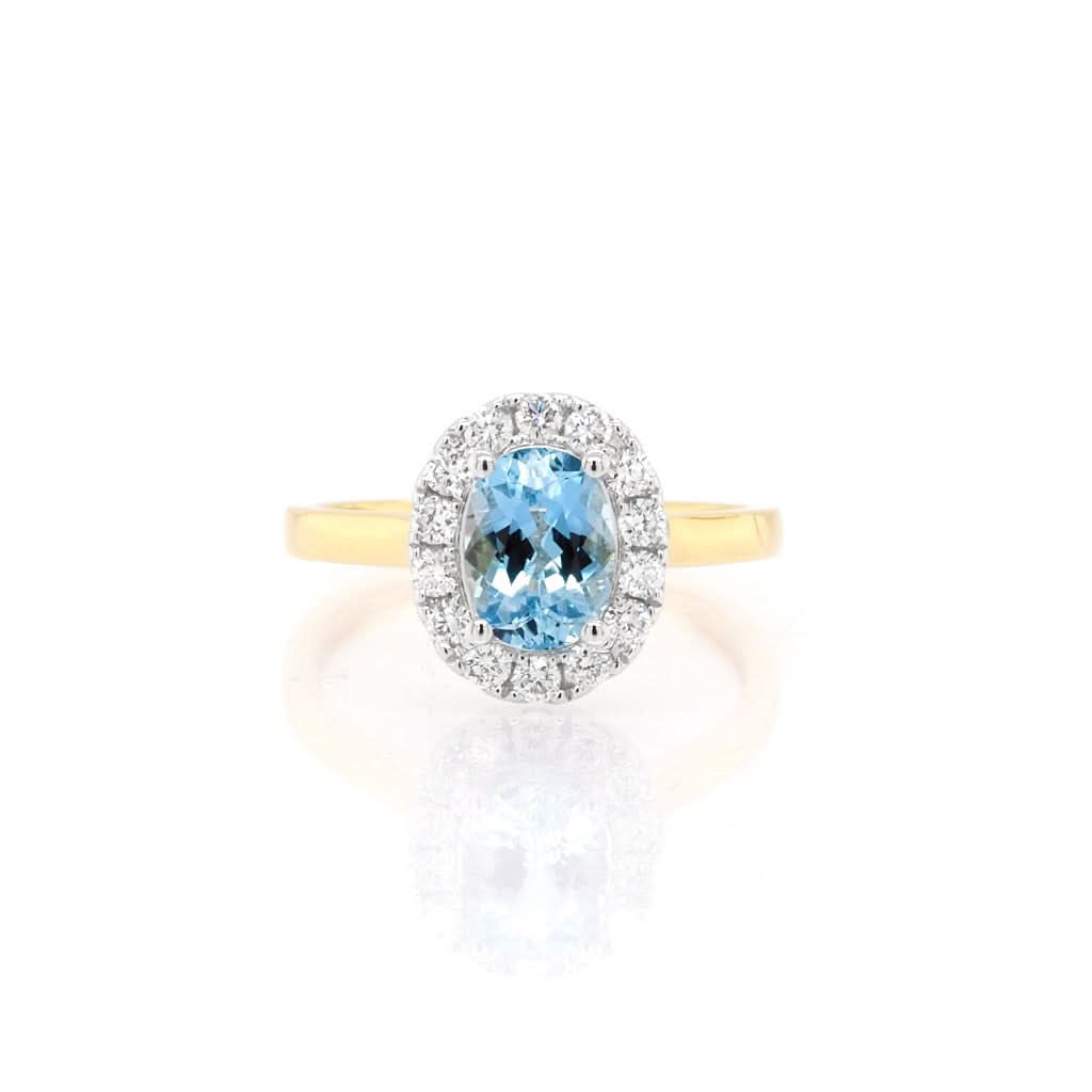 Jewellery 18ct Yellow Gold Oval Aquamarine and Diamond Cluster Ring