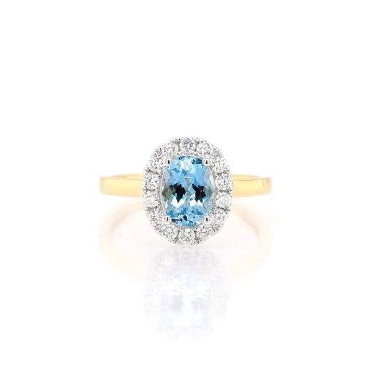 Jewellery 18ct Yellow Gold Oval Aquamarine and Diamond Cluster Ring