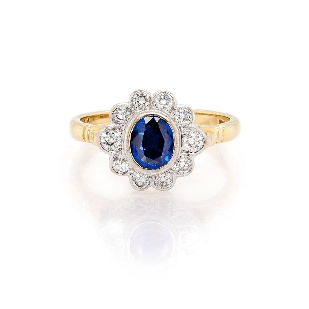 Jewellery 18ct Yellow Gold, Oval Sapphire and Diamond Cluster Ring