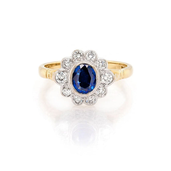 Jewellery 18ct Yellow Gold, Oval Sapphire and Diamond Cluster Ring