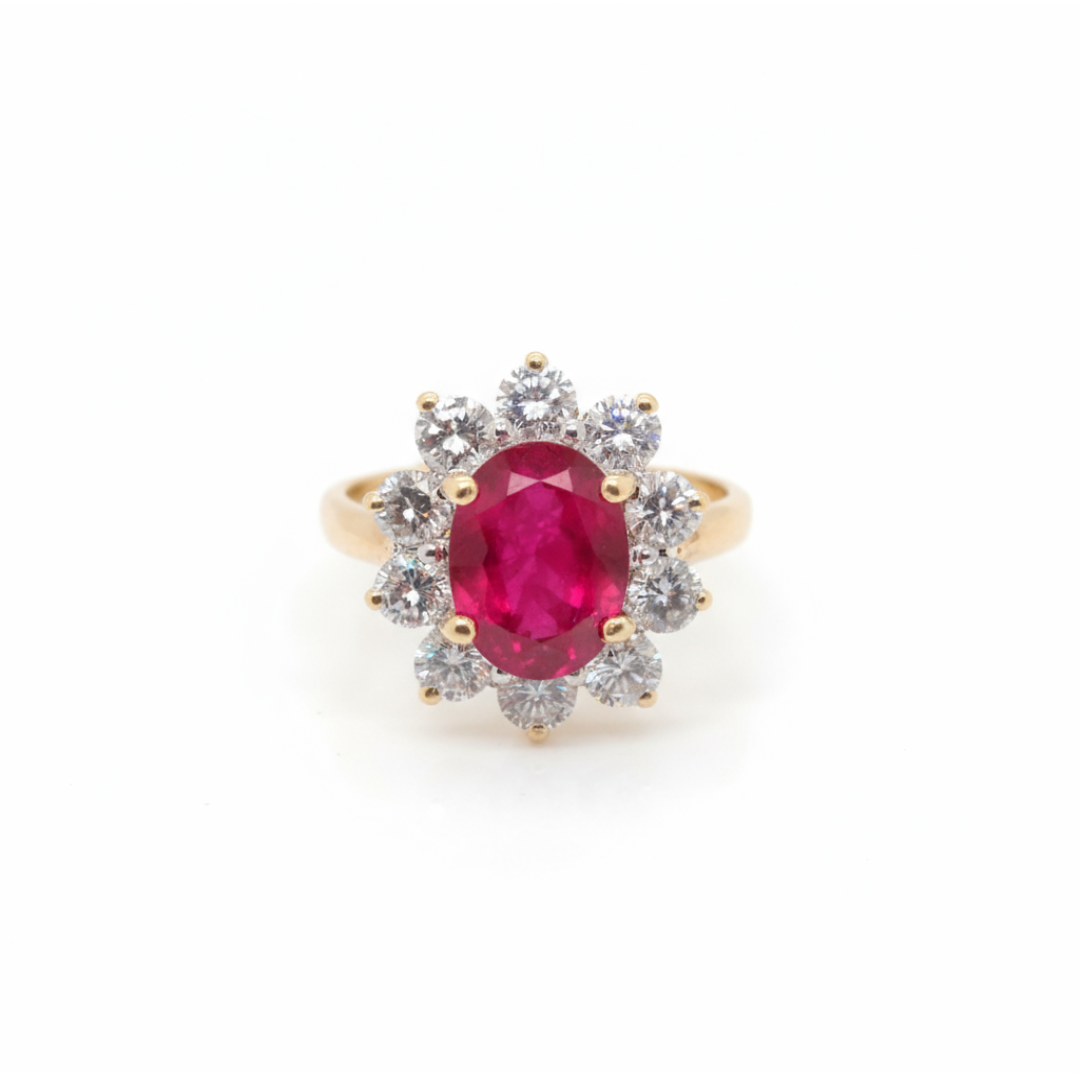 A yellow gold ruby and diamond oval cluster ring
