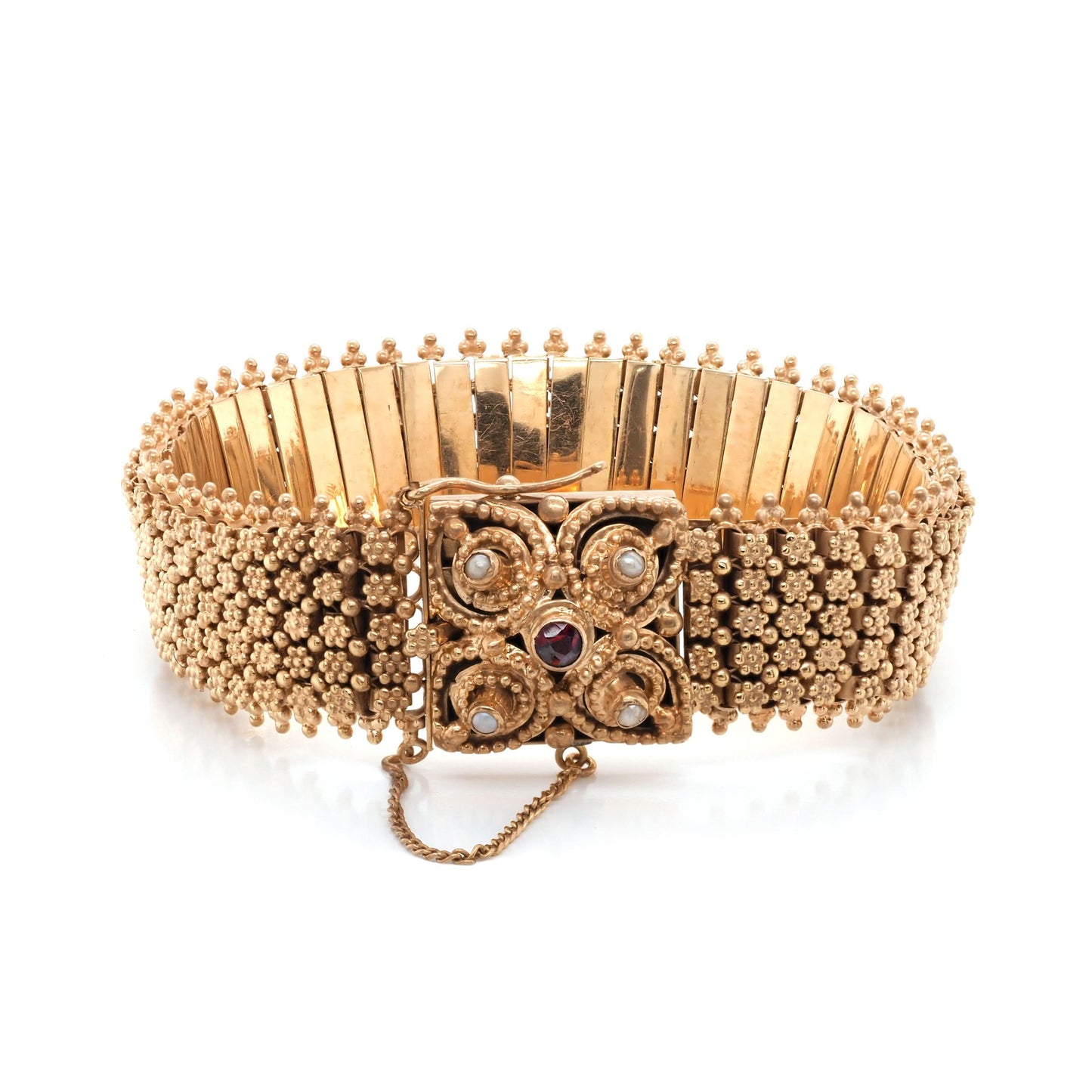 Yellow Gold Ornate Link Wide Bracelet with Seed Pearl Set Clasp