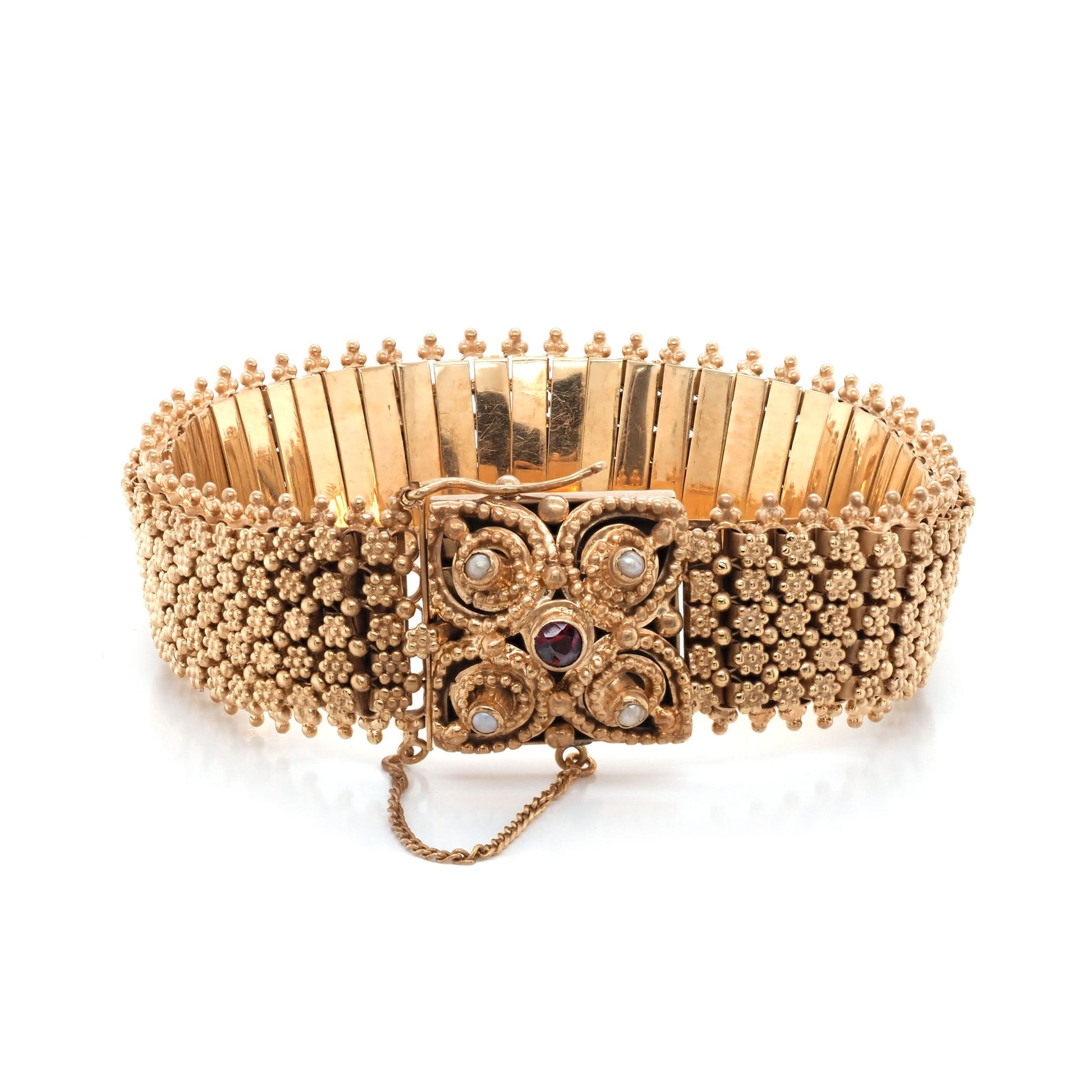 Yellow Gold Ornate Link Wide Bracelet with Seed Pearl Set Clasp