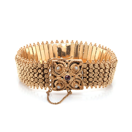 19.2ct Yellow Gold Ornate Link Wide Bracelet with Red Stone and Seed Pearl Set Clasp