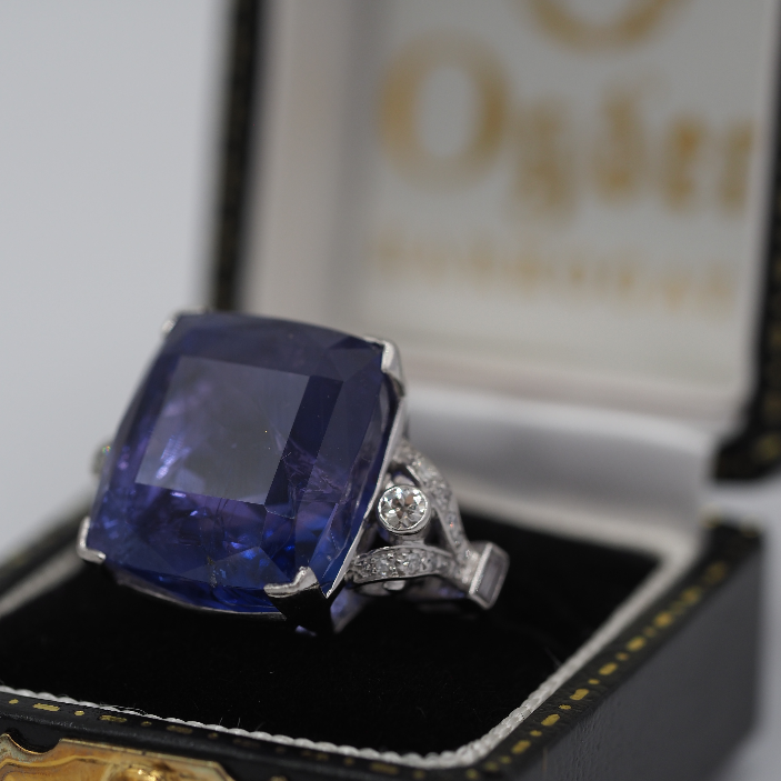 A blue sapphire and diamond cocktail ring, in a ring box