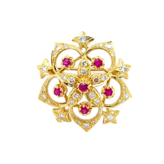 Jewellery A 9ct Gold, Diamond and Ruby Flower Brooch