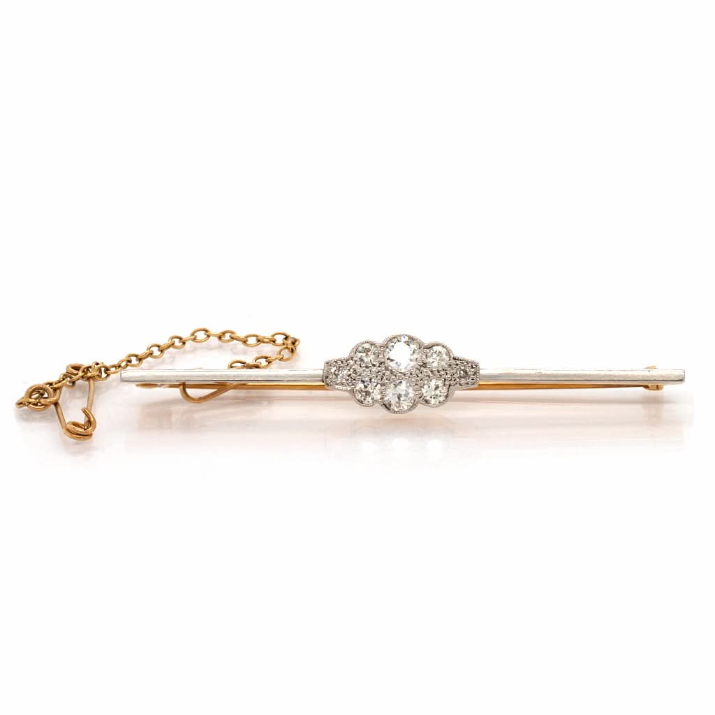 Diamond Cluster Set Gold and Platinum Bar Brooch
