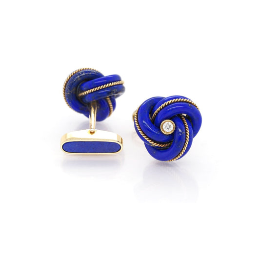 Jewellery A Pair of 18ct Yellow Gold Lapis Knot Diamond-Set Cufflinks