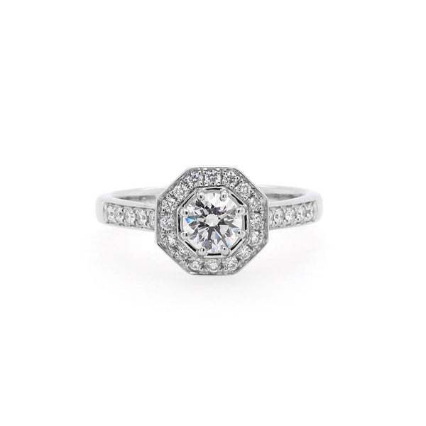 Jewellery A Platinum Brilliant-Cut Octagonal Diamond Cluster Ring with Diamond-Set Shoulders