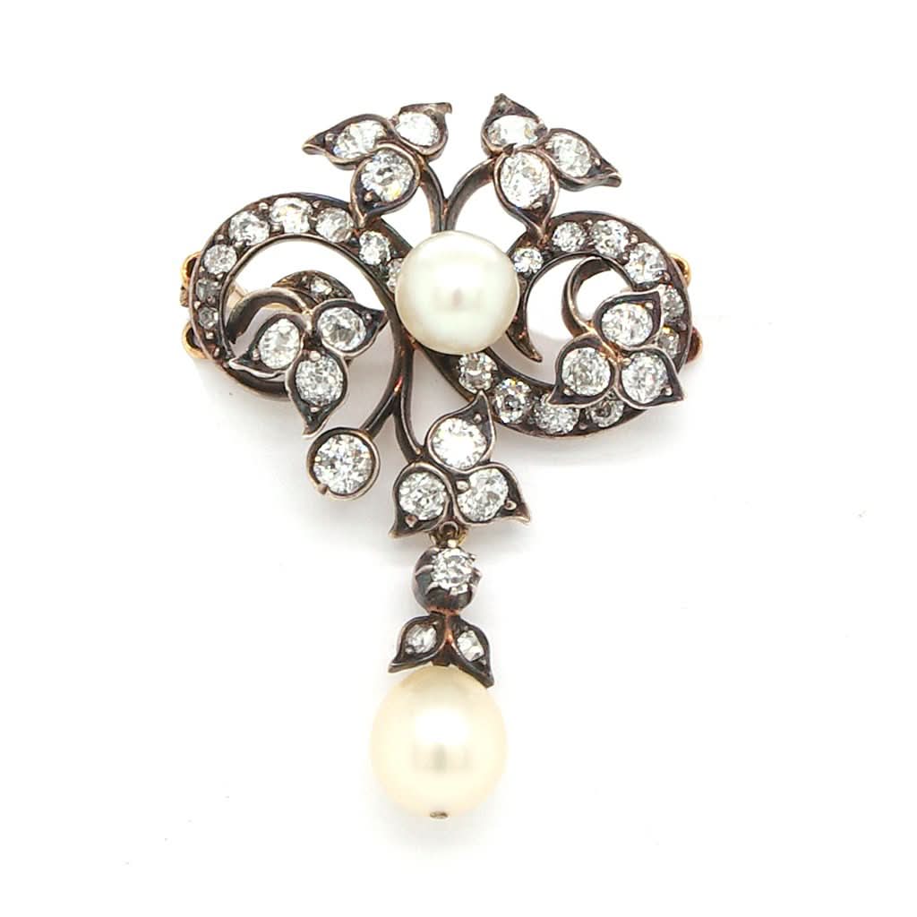 Jewellery A Victorian Silver, Gold, Diamond and Pearl Brooch Pendant, Foliate Design