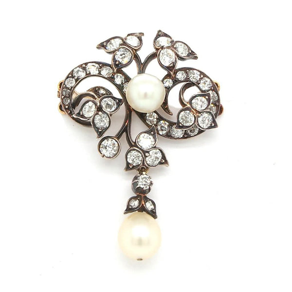 Jewellery A Victorian Silver, Gold, Diamond and Pearl Brooch Pendant, Foliate Design