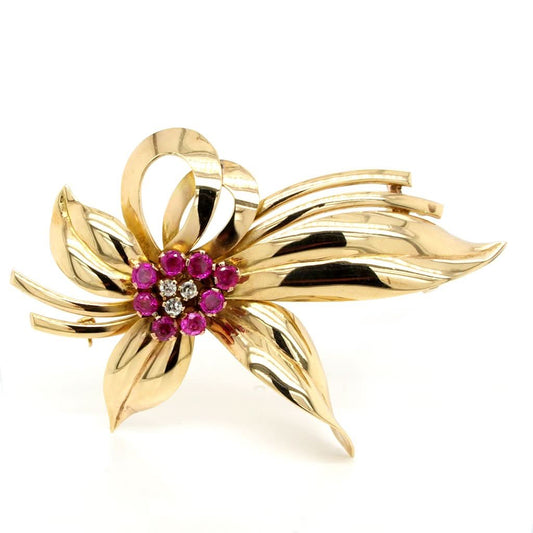 Jewellery Discovery A Vintage 14ct Gold, Pink Sapphire and Diamond Flower Spray Brooch