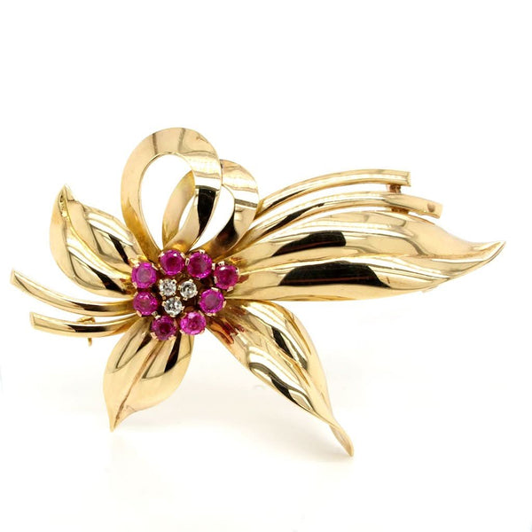 Jewellery Discovery A Vintage 14ct Gold, Pink Sapphire and Diamond Flower Spray Brooch