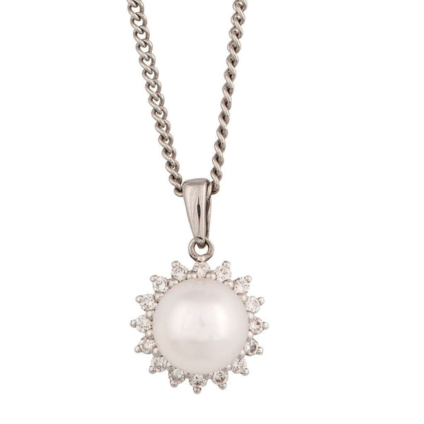 Jewellery An 18ct white gold, pearl and diamond cluster pendant on chain
