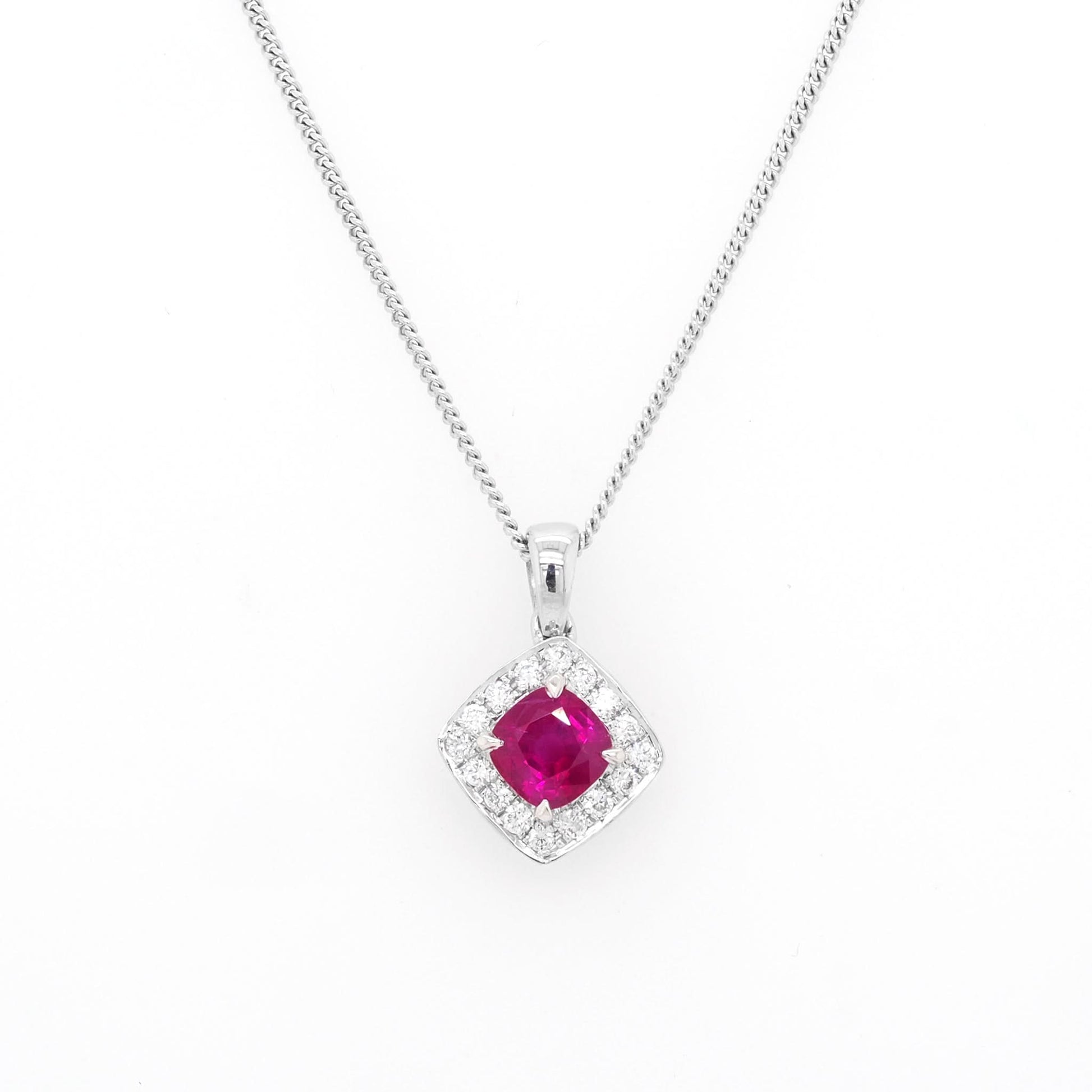 Jewellery An 18ct White Gold Square Cushion-Cut Ruby Cluster Pendant