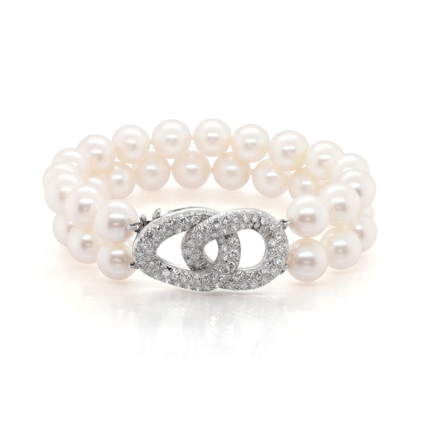 Jewellery Cultured Pearl Two Row Bracelet with Platinum Diamond-Set Clasp