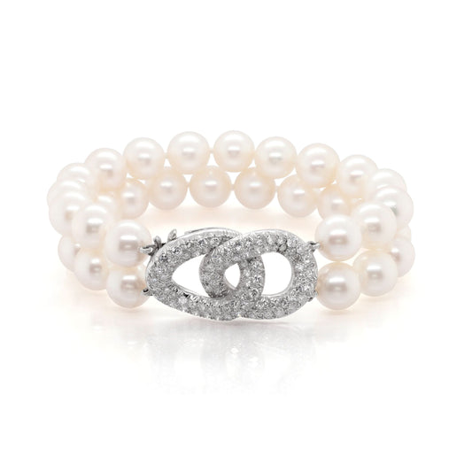 Jewellery Cultured Pearl Two Row Bracelet with Platinum Diamond-Set Clasp