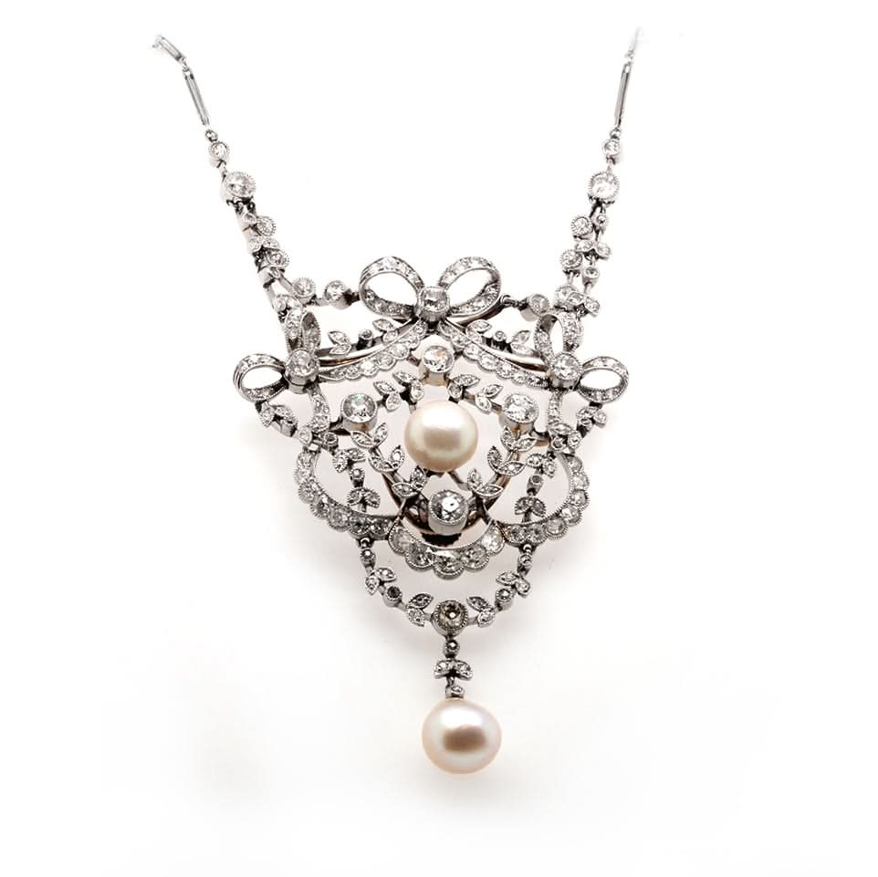 of Harrogate Jewellery Diamond and Pearl Pendant on Platinum Chain C.1905