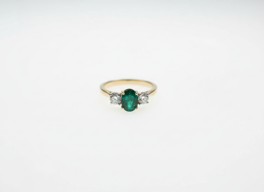 Emerald and Diamond Three-Stone Engagement Ring in 18ct Yellow Gold