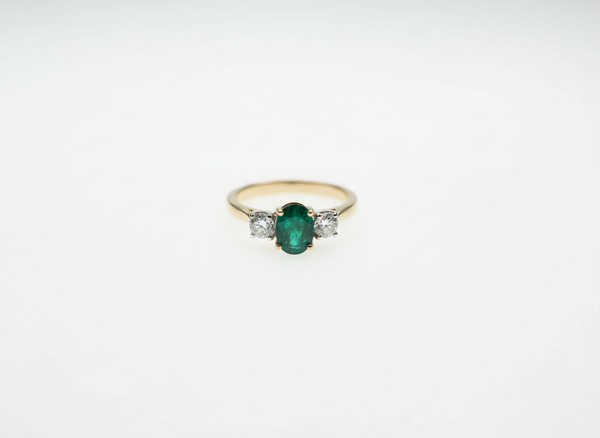 Emerald and Diamond Three-Stone Engagement Ring in 18ct Yellow Gold