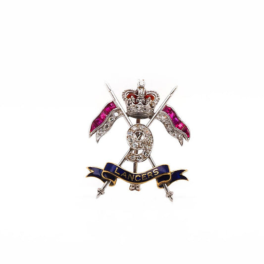 Platinum and Gold 9th Royal Lancers Brooch; Set with Diamonds and Rubies