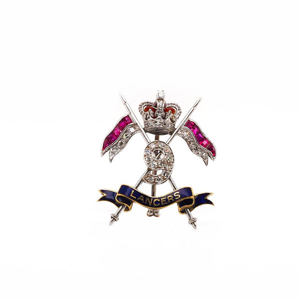 Platinum and Gold 9th Royal Lancers Brooch; Set with Diamonds and Rubies