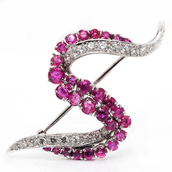 Jewellery Platinum Diamond and Ruby Swirl Brooch | Vintage c.1950