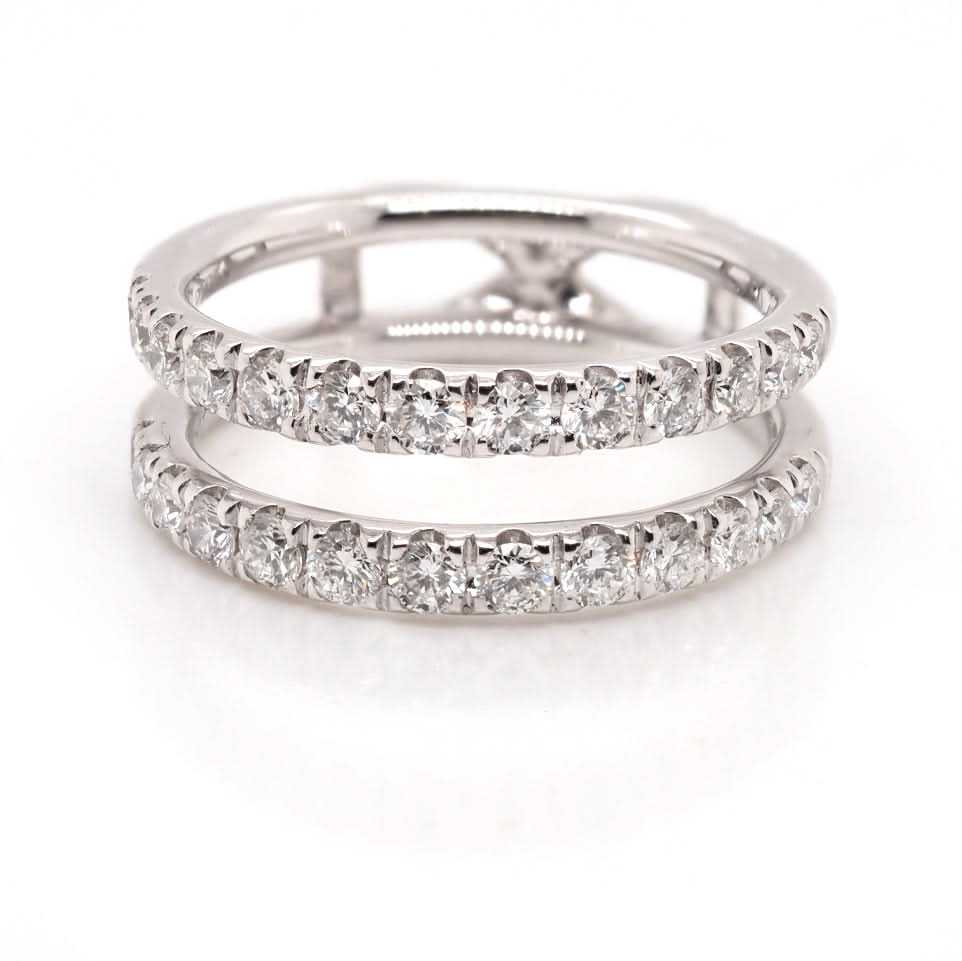 A diamond set two row full eternity ring with a space in between, mounted in platinum