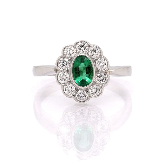 Jewellery Platinum, Oval Emerald and Diamond Cluster Ring, emerald 0.37cts, diamond 0.40cts